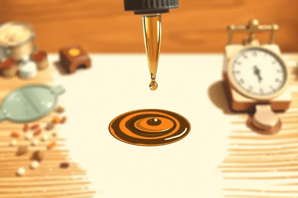 A close-up of a glass dropper releasing a golden drop into an amber bottle, with blurred wooden counter and dried botanicals in the background.