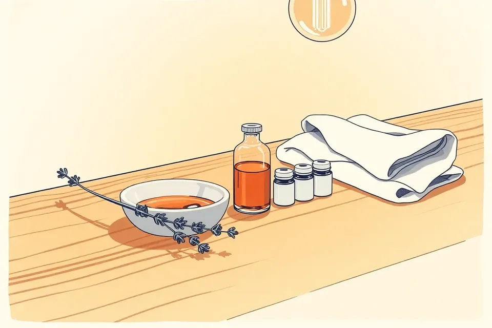 A still life arrangement of essential oil blending tools on a wooden counter, including a dropper bottle, ceramic dish, empty vials, dried lavender, and a folded linen cloth, illuminated by warm light.