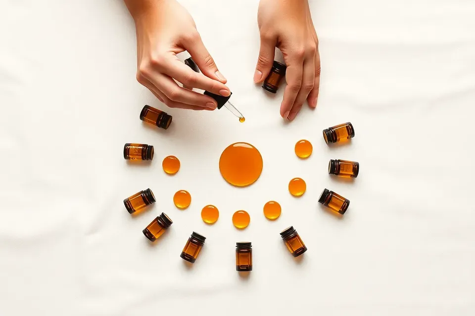 Overhead view of amber vials arranged in a circle on white linen, with hands holding a dropper over the center vial.