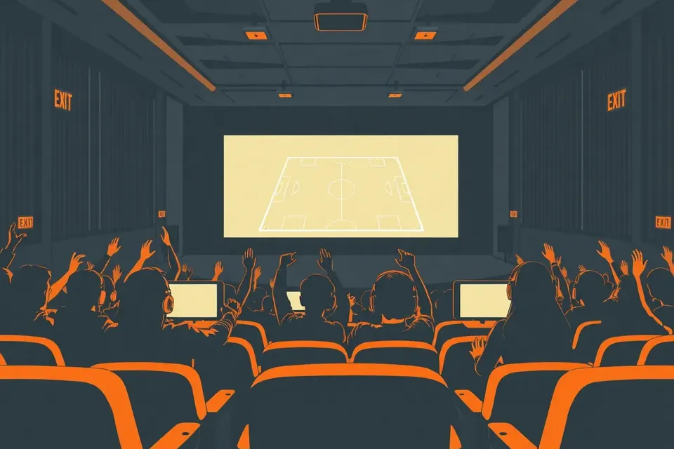 Dark cinema, screen shows football game, silhouetted audience, four players on stage.