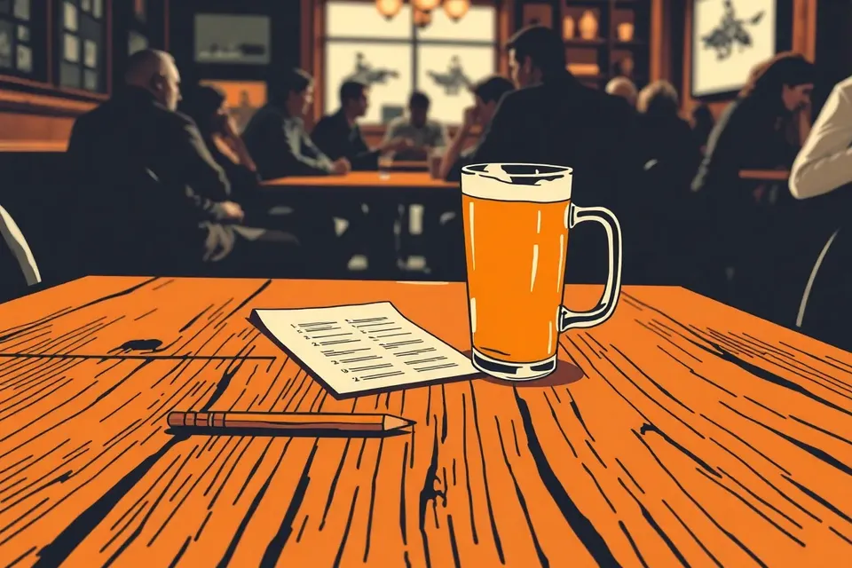 Close-up of a wooden pub table with a pint of beer and a crumpled answer sheet, pencil on top, blurred silhouettes of people in a dim room.