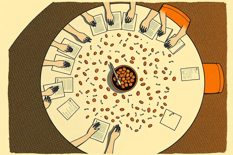 Overhead view of a pub trivia table with hands, papers, a pen, and a peanut bowl, set in a dim room.