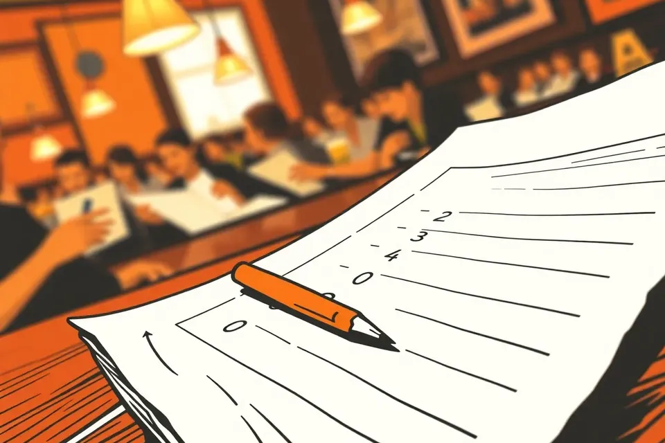 A close-up of a pencil on a crumpled answer sheet, with blurred hands and warm lamp light in the background, evoking a cozy, focused pub trivia atmosphere.