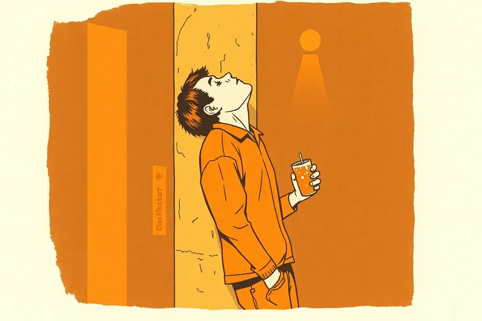 A stylized illustration of a person leaning against a graffiti-covered pillar in a dark club, with another figure blurred in the background, conveying a sense of immersive nightlife.