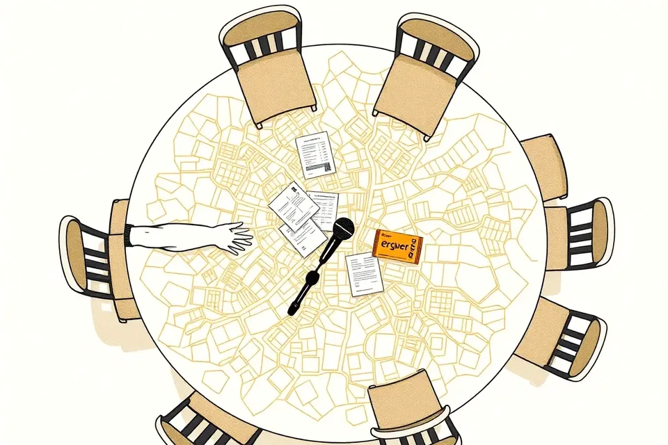 An overhead illustration of a press briefing table with papers and a microphone, a child's hand offering a food packet, set against a patterned tablecloth evoking Bangkok's map.