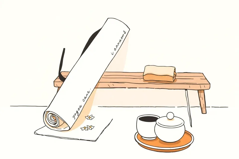 A still life arrangement with a rolled yoga mat, a brass bowl with jasmine petals, a folded towel, and a steaming ceramic cup on a wooden bench, evoking a calm morning yoga session.