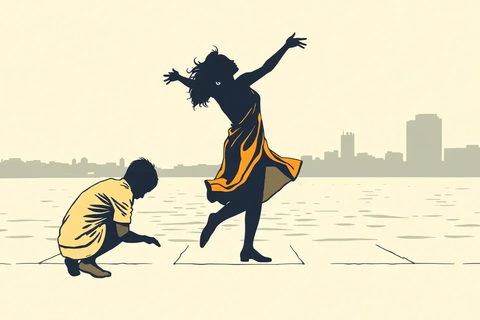 Illustration of two dancers on a riverside pier at sunset, one leaping with arms out, the other crouching, with the river and sky in the background.
