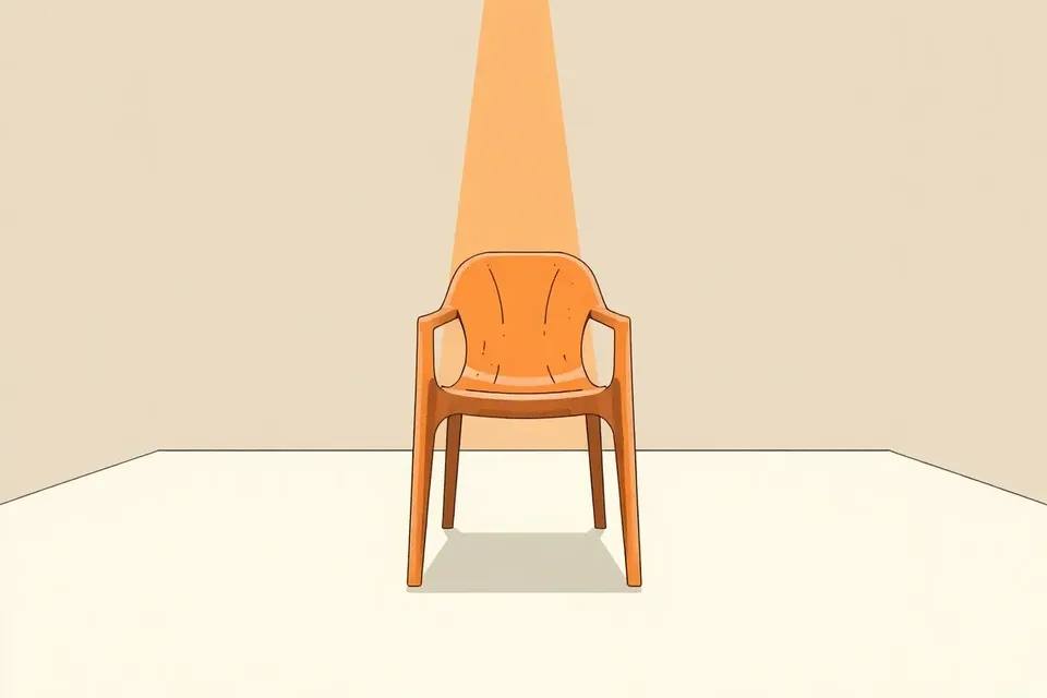 A solitary plastic chair in a bare, dimly lit room, with a beam of light highlighting its worn surface.