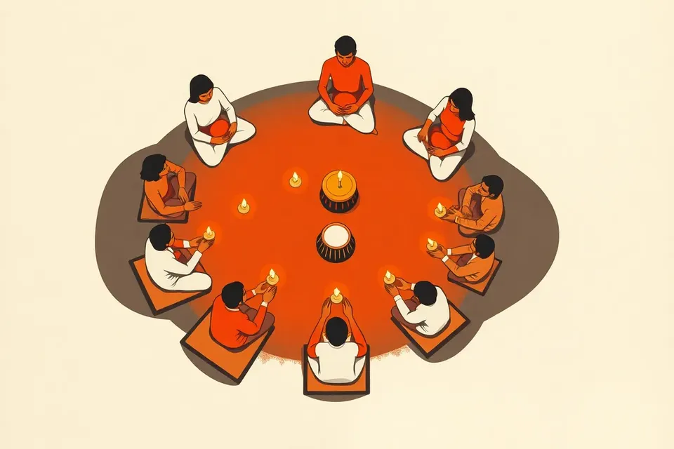 An overhead view of a candlelit kirtan gathering, with a circle of seated figures holding candles, forming a warm ring of light on a dark floor.