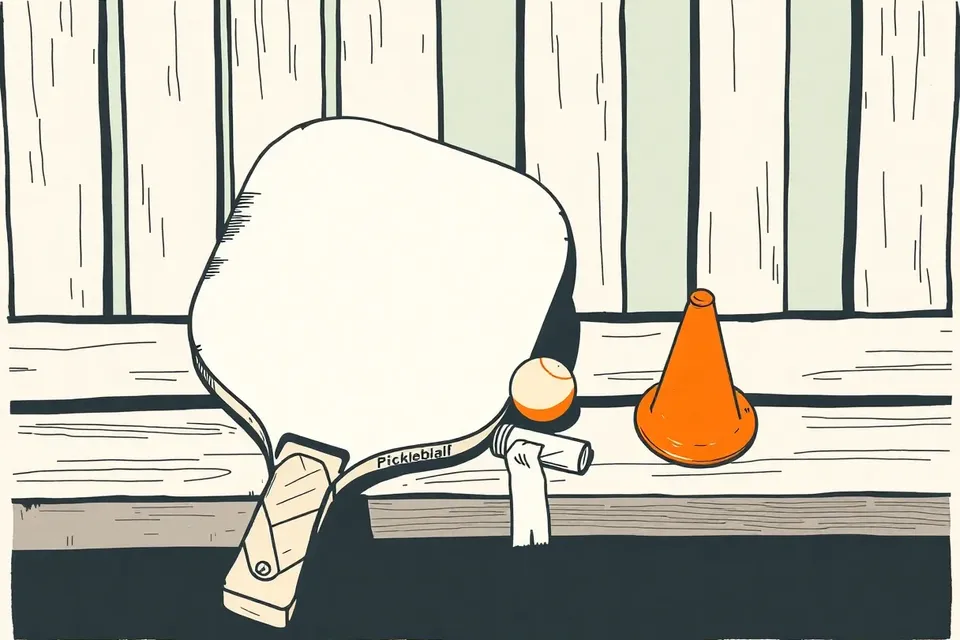 A pickleball paddle, a tube of grip tape, a ball, and an orange cone arranged on a wooden bench, evoking a pre-game practice setup.