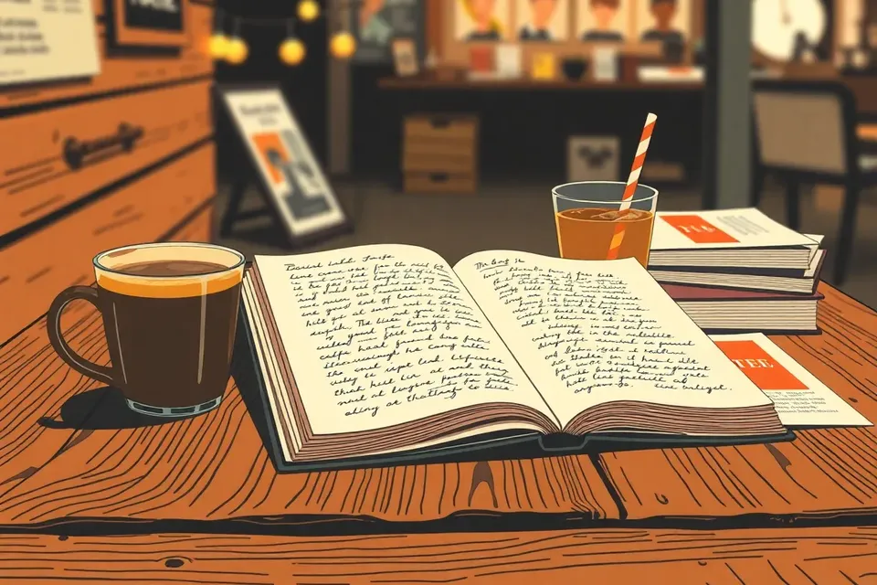An open notebook with multilingual scribbles, a Thai iced tea, and stacked books on a wooden table, with soft market lights in the background.