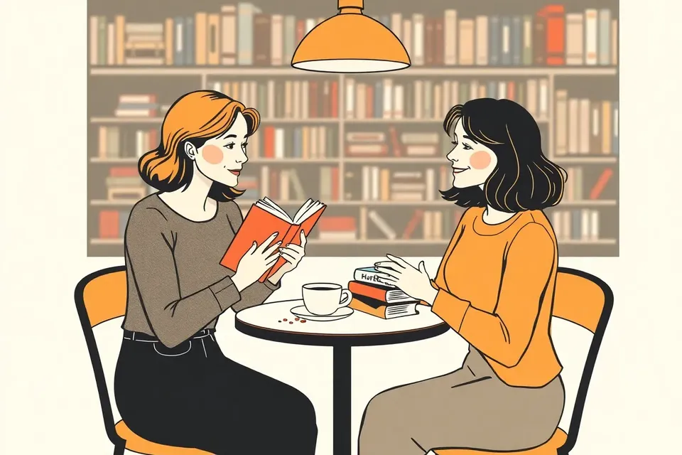 Two women at a café table, exchanging books over coffee, with a blurred shelf of books behind them.