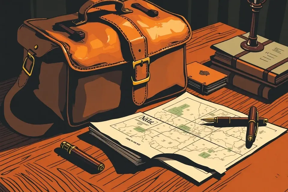A close-up of a leather satchel, fountain pen, and aged papers with a hand-drawn map on a teak table, lit by a warm lamp, suggesting a quiet, secretive meeting.