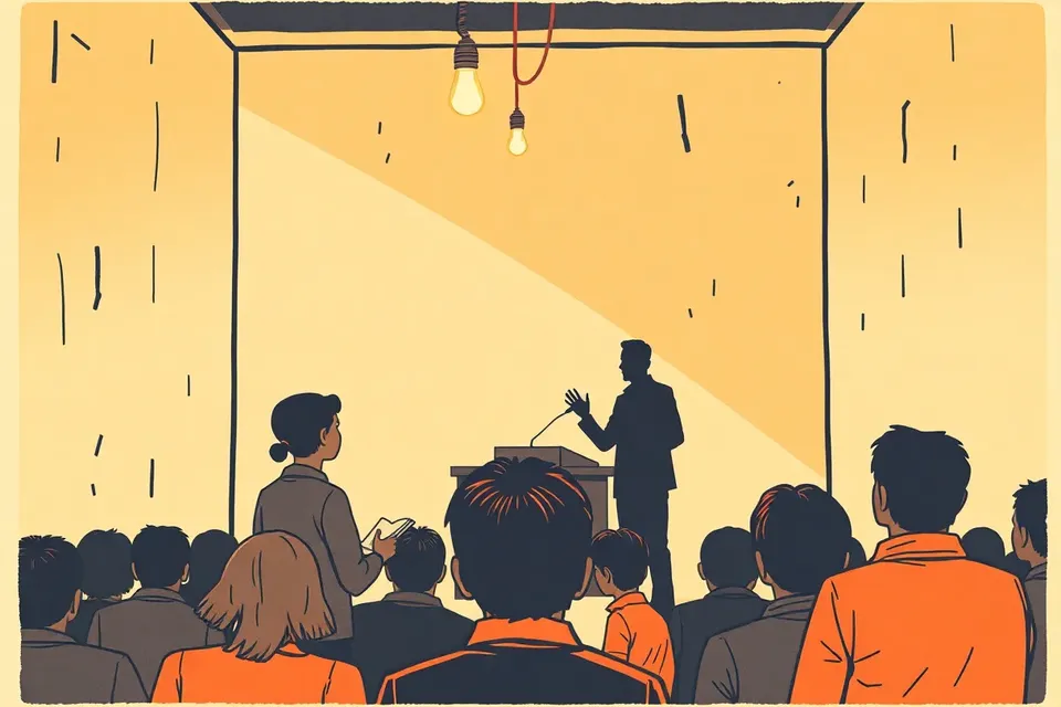 Illustration of a speaker at a podium in a modest hall, with an attentive audience member in the foreground, conveying a serious, grassroots discussion.