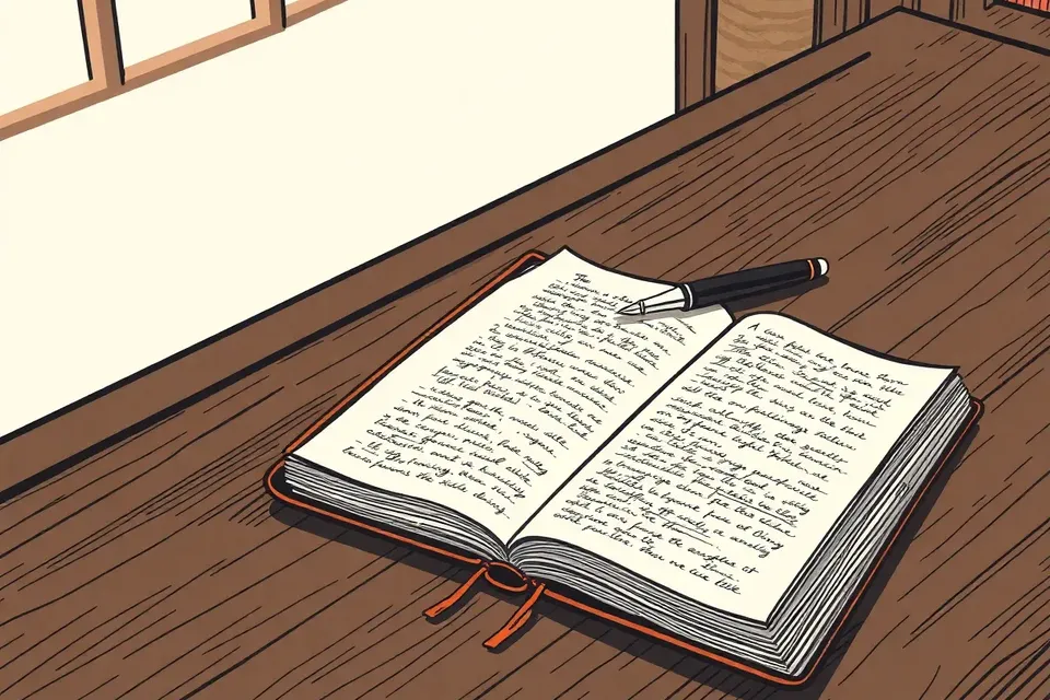 An open notebook with handwritten notes and a folded map on a dark wooden table, a fountain pen beside it, in a quiet, dimly lit room.