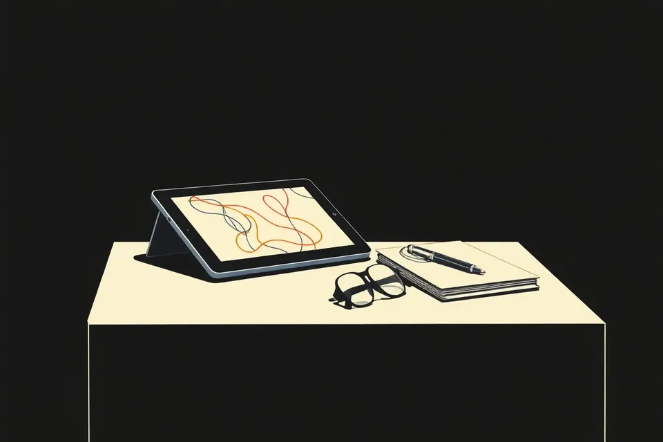 A tablet displaying abstract digital art on a dark plinth, accompanied by glasses and a sketchbook with a stylus, in a dim gallery setting.