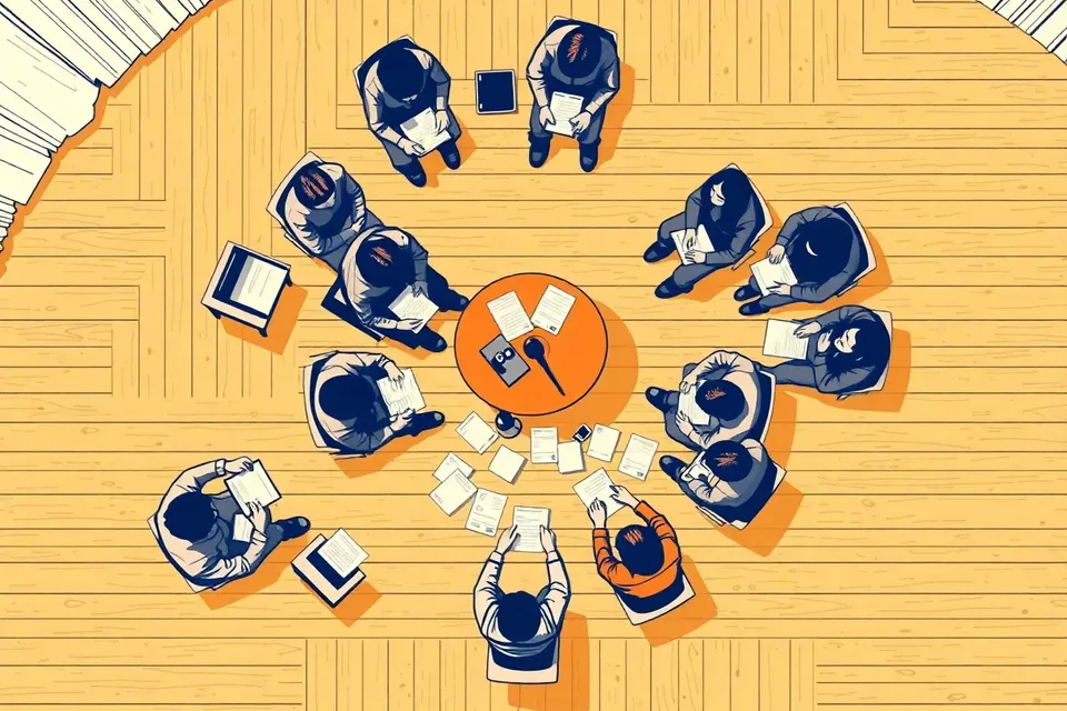 Overhead view of a circular gathering of people taking notes around a central microphone on a wooden floor, evoking a focused civic discussion.