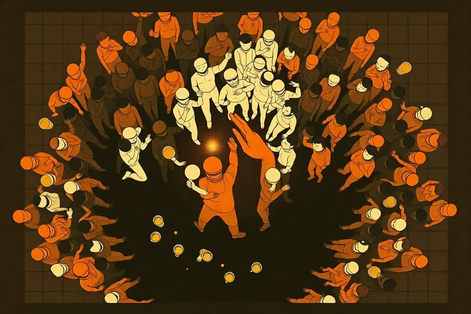 An overhead illustration of a crowded nightlife scene, with anonymous figures gathered in a circular pattern around a central glowing red object, on a dark reflective floor with scattered glasses.