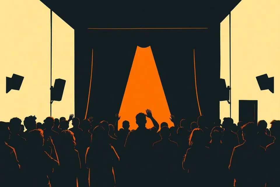 A wide shot of a dimly lit venue with a small stage, a spotlight, and a scattered audience of silhouetted figures, creating an intimate and expectant atmosphere.