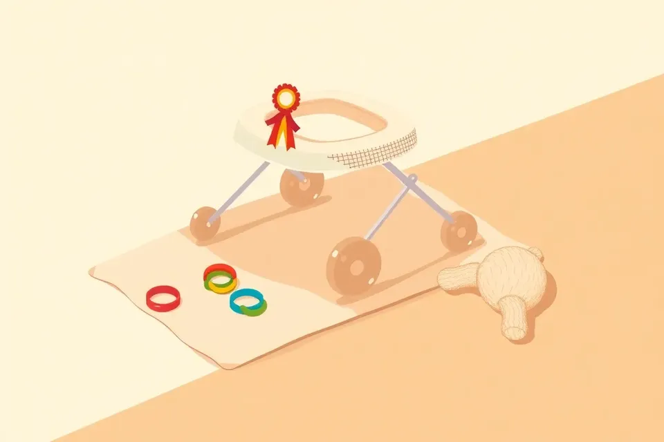 A baby walker with a ribbon on its handle next to a crawling mat, with stacking rings and a plush toy nearby.