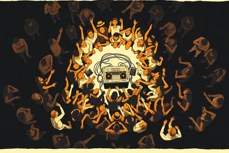 An overhead view of a crowded hip-hop event, with a circular mosh pit at the center, a DJ booth with turntables, and stylized figures in dynamic poses, all in a dark, high-contrast palette.