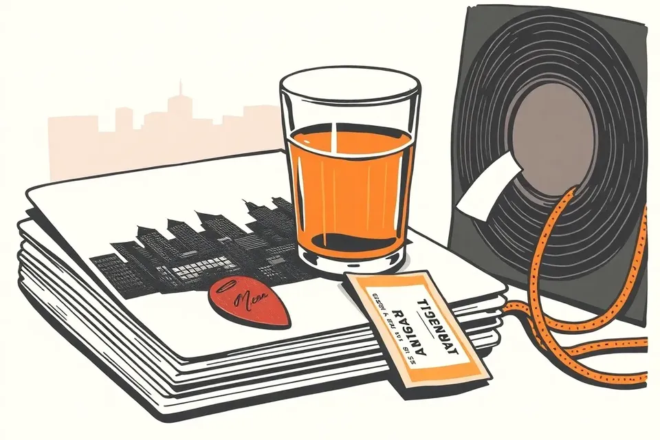 A still life arrangement with a guitar pick on vinyl records, a sweating glass of iced tea, a crumpled ticket stub, and a stage monitor speaker cable.