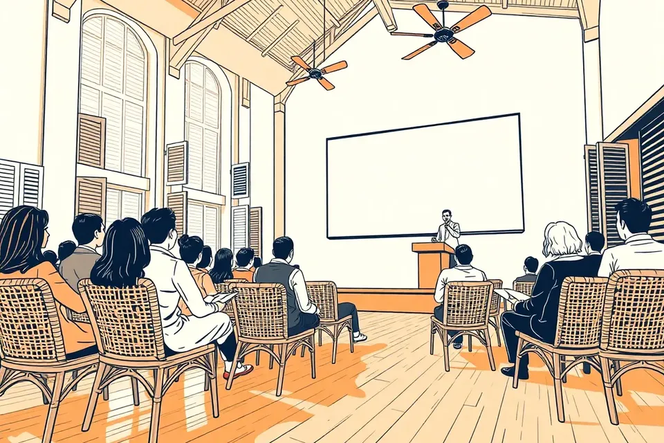 A wide view of a colonial-style hall with rattan chairs, a podium, and a presenter, with ceiling fans and shuttered windows casting light patterns.