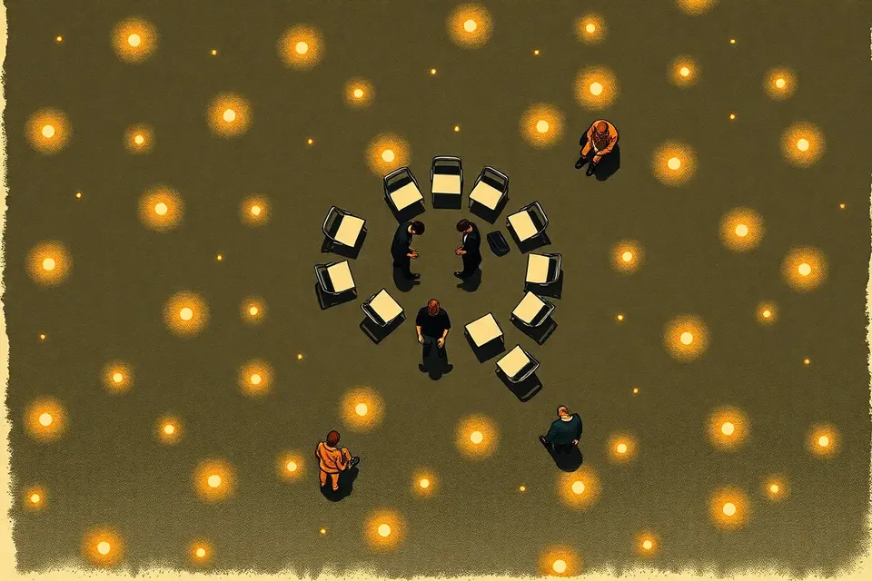 An overhead view of a dimly lit concert hall floor, with small glowing lights scattered like stars and a group of people standing in a circle, surrounded by empty chairs and jackets, evoking a mood of quiet introspection.