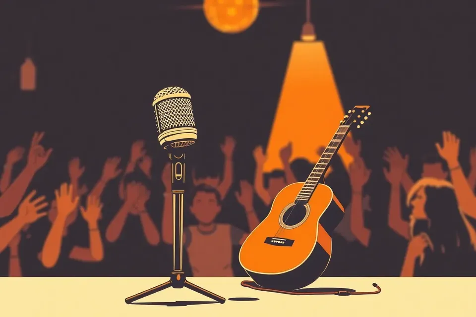 A vintage microphone and acoustic guitar on stage, with silhouetted audience and a disco ball in a dimly lit venue.