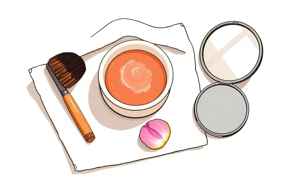 A still life arrangement of a cream blush dish, a makeup brush, a hand mirror, and an orchid petal on linen cloth, evoking a beauty workshop.