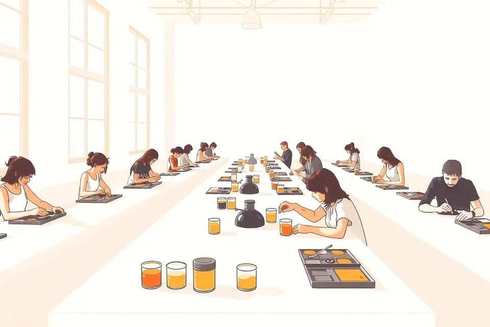 A bright workshop room with people at tables mixing cream blush colors, soft light from windows, and jars of pigments on tables.