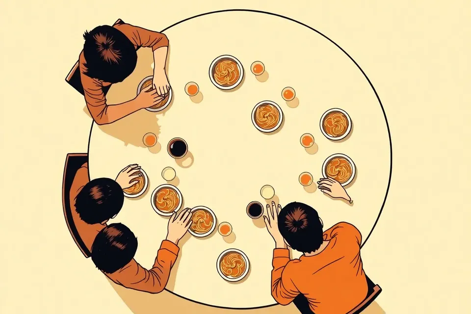 An overhead view of a round table with noodle dishes and drinks, surrounded by people engaged in conversation, creating a warm and social atmosphere.