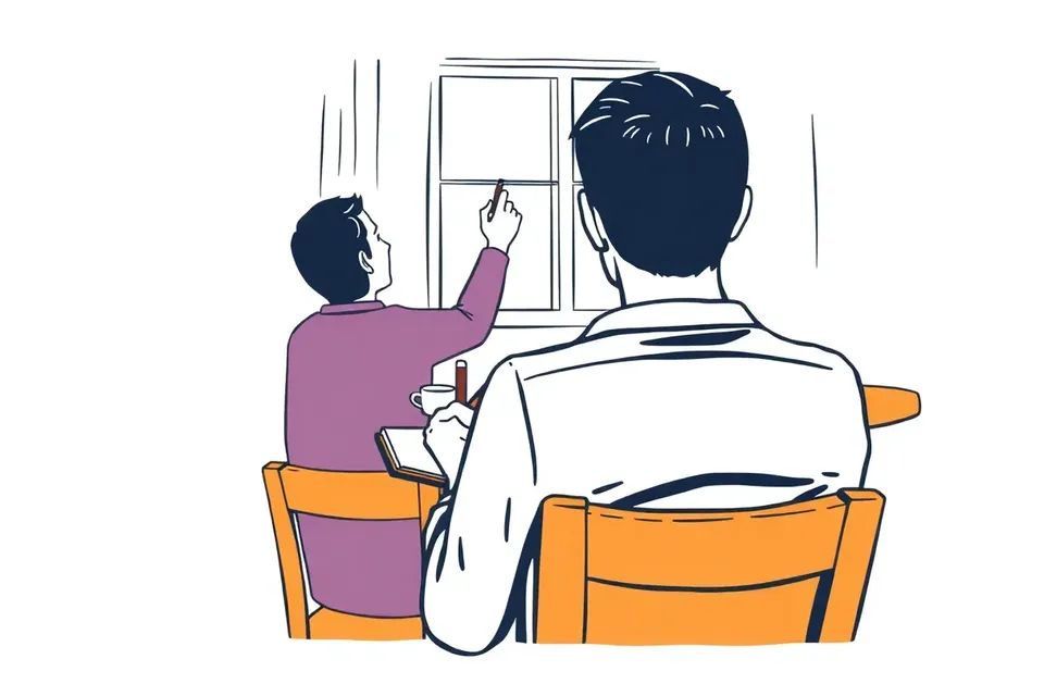 An illustration of a person from behind taking notes at a talk, with a speaker's hand gesturing across a table with a coffee cup, in a softly lit room.