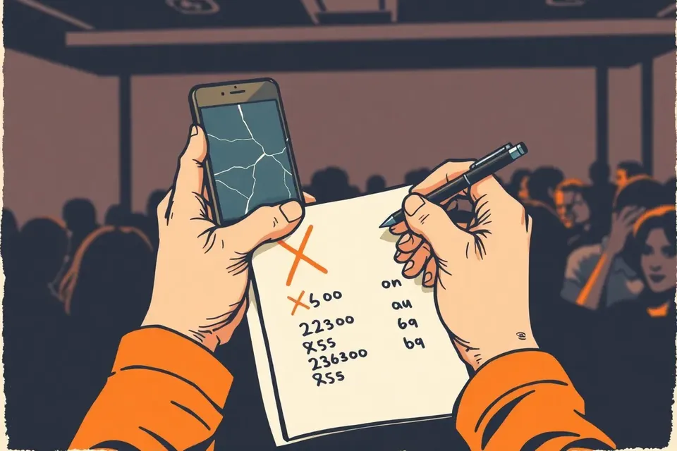 Close-up of hands holding a smartphone and pen over a notepad, with a blurred crowd in the background, conveying a tense, focused atmosphere.