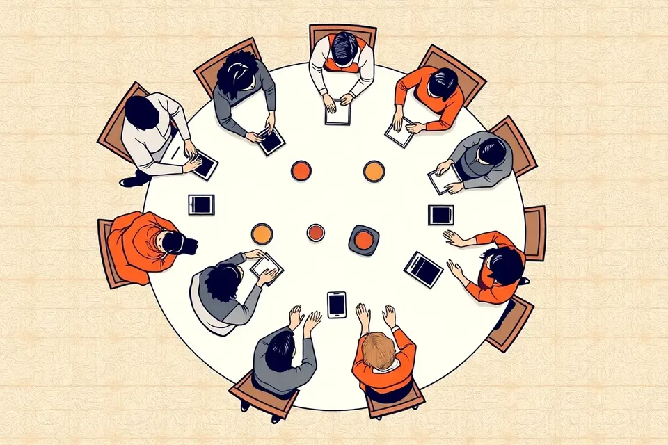 An overhead view of a social gathering at a table, with people in casual clothes chatting and sharing drinks, set against a patterned floor.