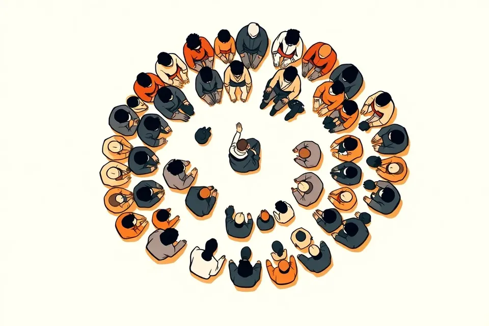 An overhead view of a crowd seated in a circle, with one person in the center raising a hand, suggesting a talk or discussion.