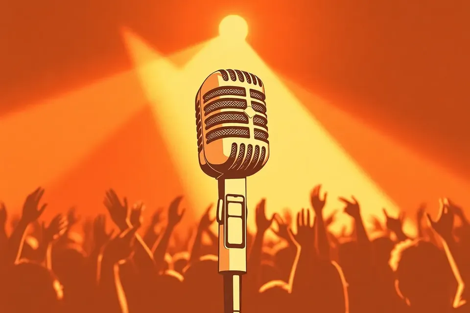 A vintage microphone on stage with a blurred crowd raising hands in a haze of purple and blue light.