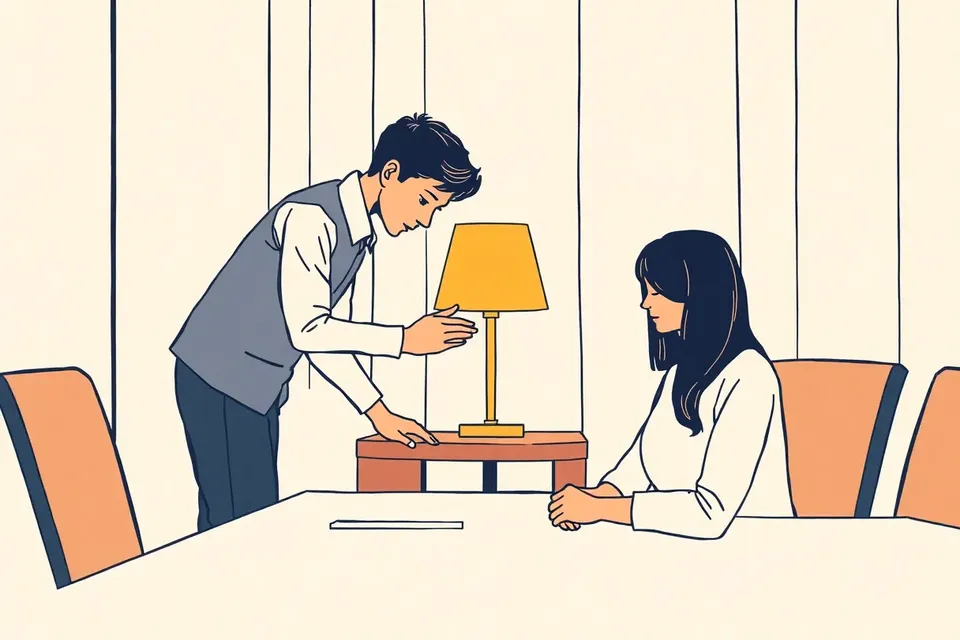 Illustration of a student comforting a peer in a hotel conference room, with a lamp glowing softly on the table.