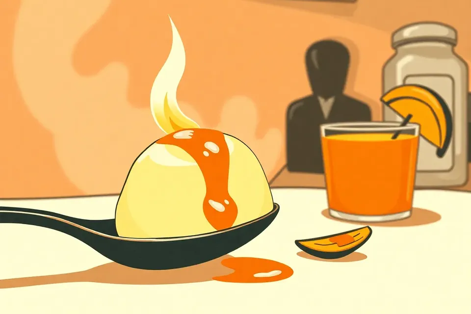 A flambéed rosogolla on a spoon with a blue flame, blurred kitchen background, and a charred mango drink nearby.
