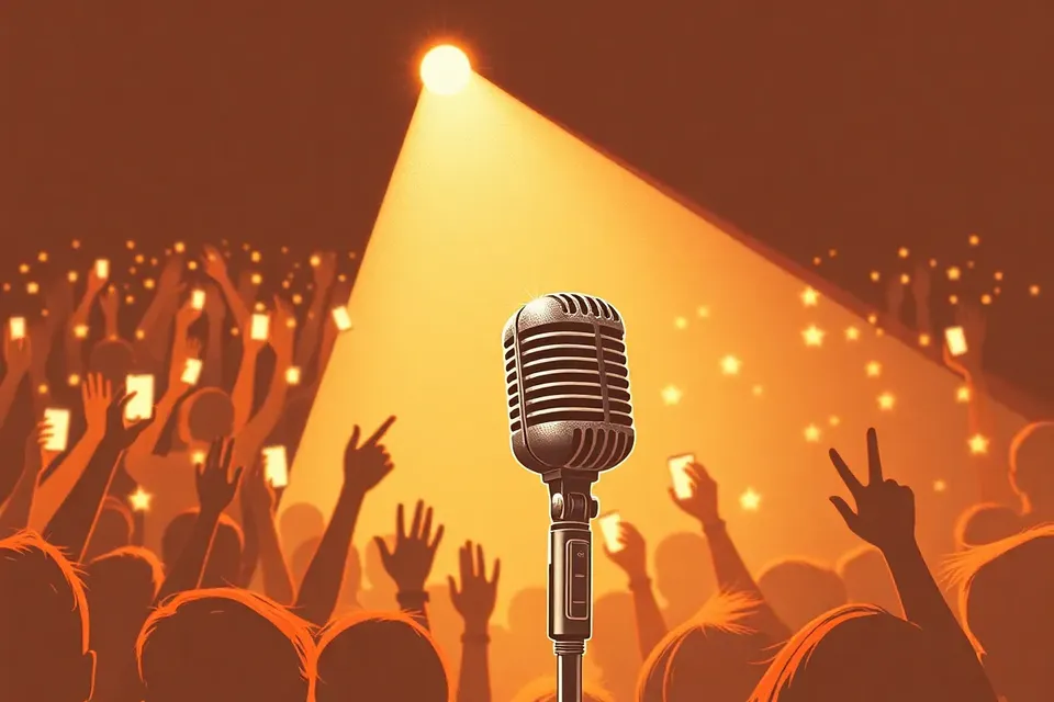 A glittering microphone on a stand under a spotlight, with a silhouette of a fan holding a glowing phone in the background, creating a starry effect.