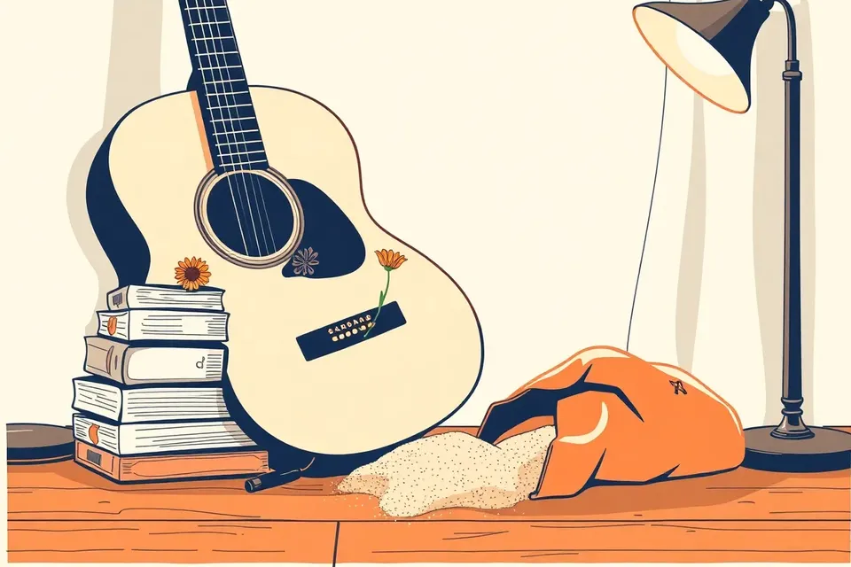 A still life arrangement with an acoustic guitar, travel journals, a wildflower, and a small pile of sand on a wooden floor, illuminated by warm lamplight with a sheer curtain moving in the breeze.