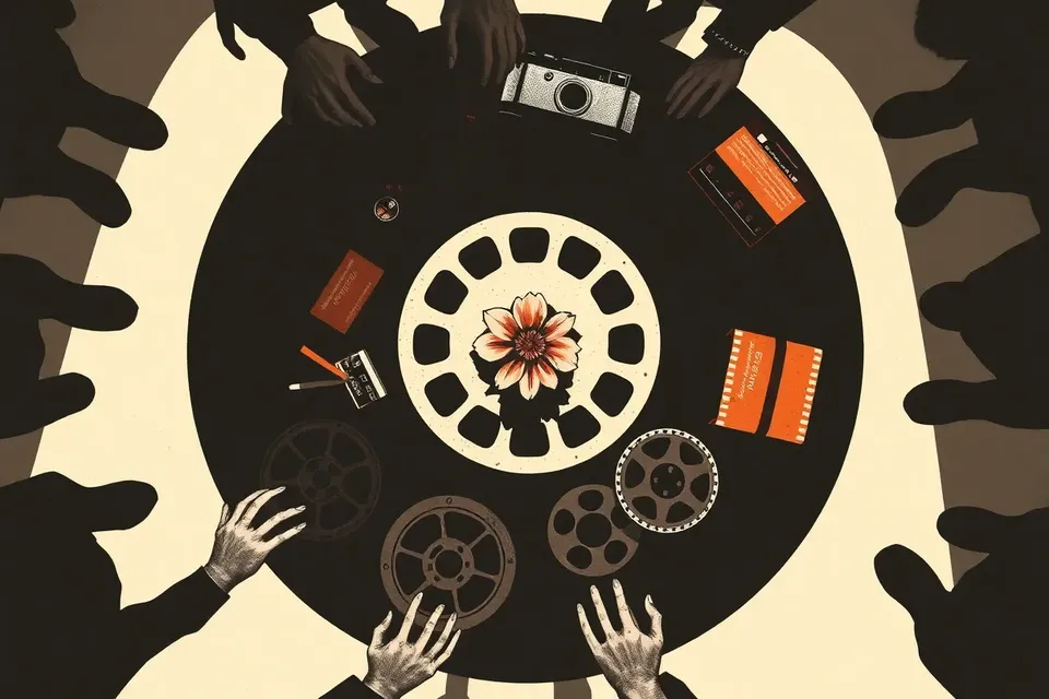 An overhead view of a dark table with film reels, a camera, and a red flower, surrounded by silhouetted figures.