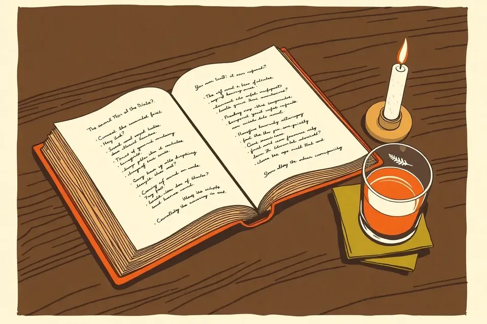 An open quiz book with handwritten notes, a silver fern pin on a green napkin, a glass of amber drink, and an unlit candle on a dark wooden table.