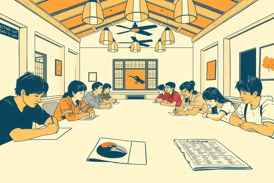 A wide view of a cozy clubhouse interior with a long table of people participating in a quiz, surrounded by wooden architecture and ceiling fans.