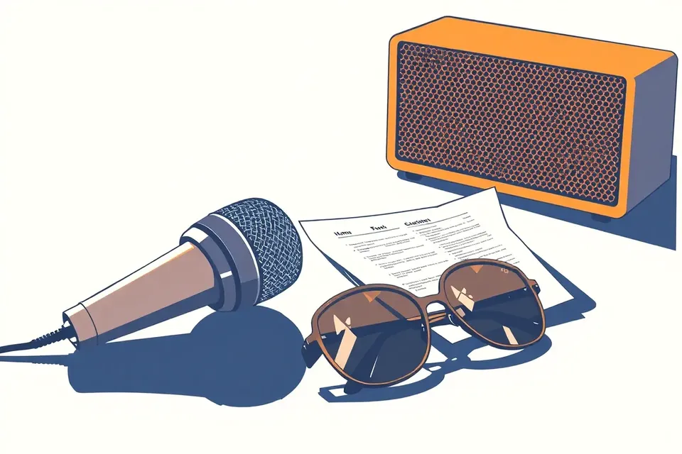 A microphone resting on a glossy surface, with clear-lens sunglasses and a crumpled paper set list nearby, under a single spotlight.