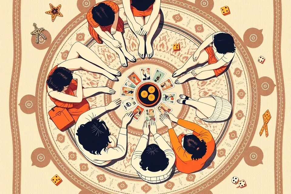 An overhead illustration of a group of women sitting in a circle on a patterned rug, with a tarot card spread and mocktails in the center, surrounded by game pieces.
