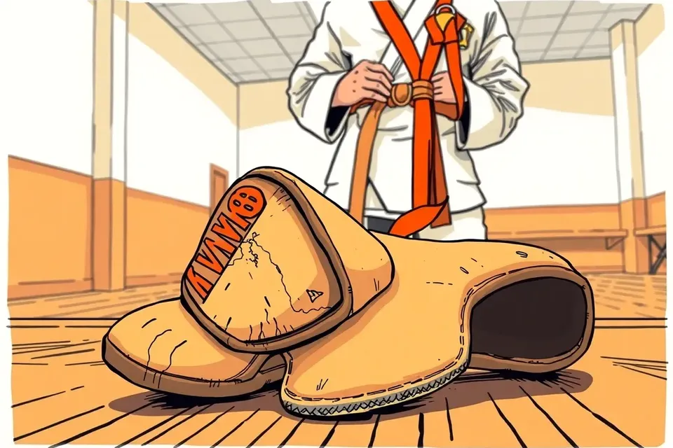Close-up of a gold taekwondo foot guard with a medal ribbon on a gym bench, a blurred figure in white in the background.