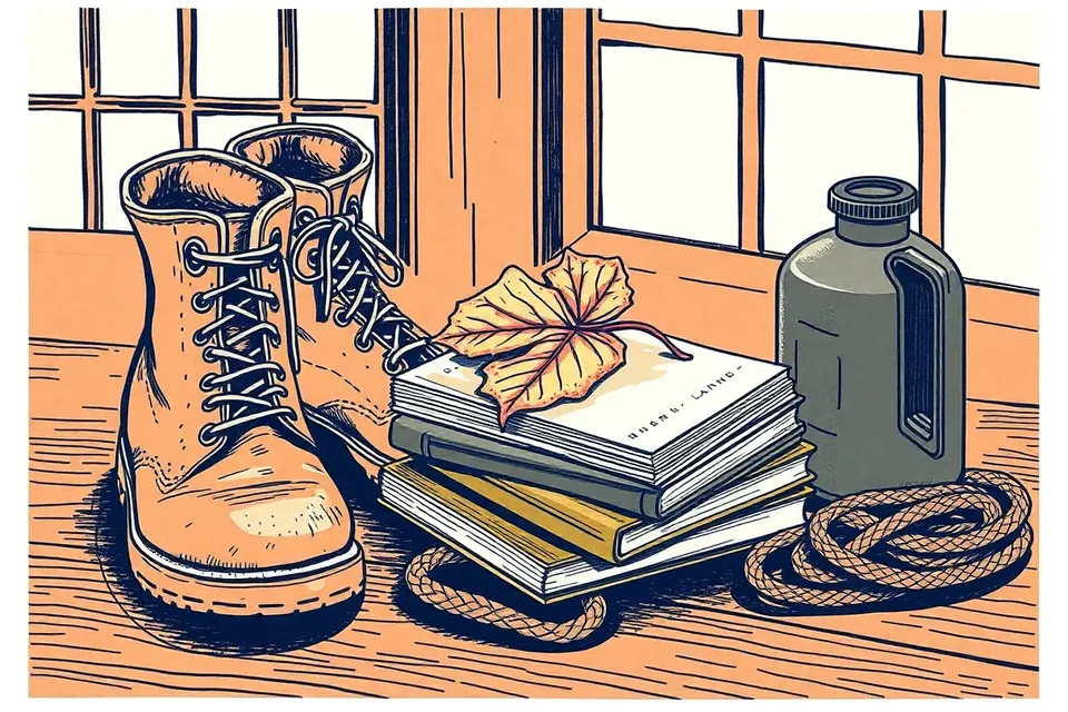 A still life arrangement on a wooden table: muddy work boots, stacked notebooks, a coiled rope, a water canteen, and a single damaged leaf, illuminated by warm window light.