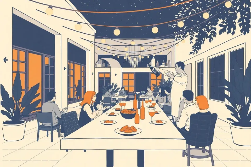 An outdoor courtyard with a long table of diners, a chef serving a dish, and a host pouring wine, under string lights at night.