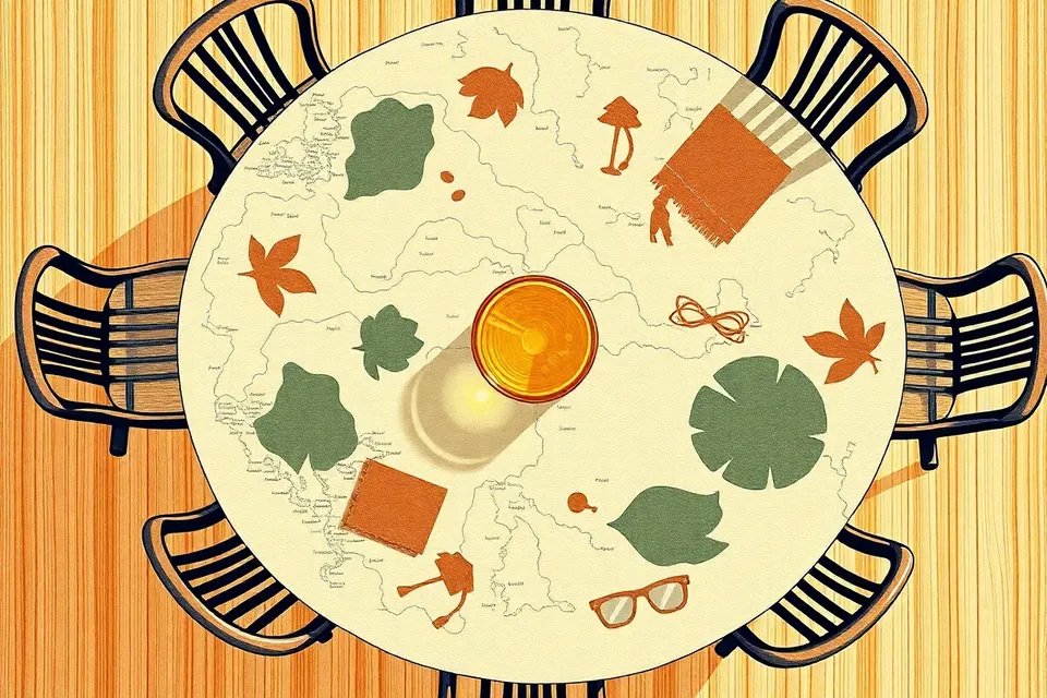 An overhead view of a round table with Thai silk fabric samples, a map of Thailand, and a glass of iced tea, surrounded by empty chairs, evoking a postponed meeting.